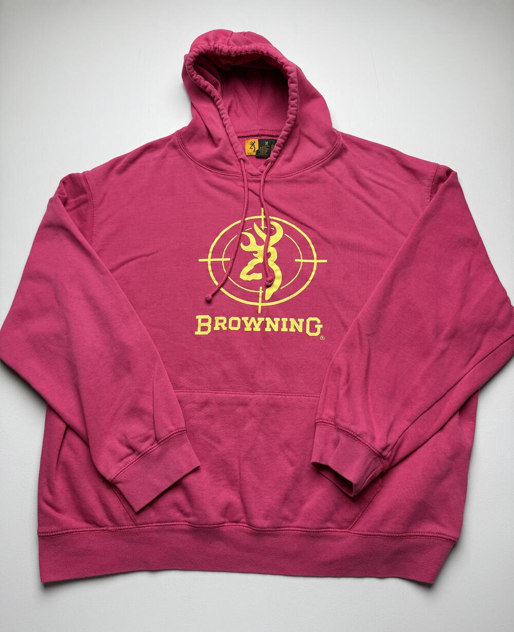 Browning Hoodie Sweatshirt Mens 2XL Pink Pullover Fleece Logo Kangaroo Pocket